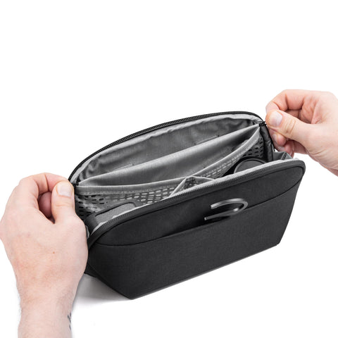 Small Wash Pouch Travel Toiletry Bag Weatherproof With Upright Or Hanging Design, Wide UltraZip Opening, mesh pockets visible inside