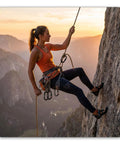 Climber using Two Way Quick Lock Double Locking Climbing Carabiner 25kN Heavy Duty For Rock Climbing Rappelling on cliff at sunset
