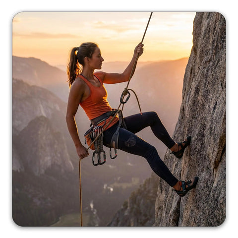 Climber using Two Way Quick Lock Double Locking Climbing Carabiner 25kN Heavy Duty For Rock Climbing Rappelling on cliff at sunset