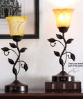 Touch Control Table Lamp With Two USB Ports, 3-Way Dimmable Bedside Light, Amber Glass Shade, Vintage Bronze Leaf Design