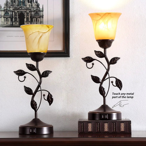 Touch Control Table Lamp With Two USB Ports, 3-Way Dimmable Bedside Light, Amber Glass Shade, Vintage Bronze Leaf Design