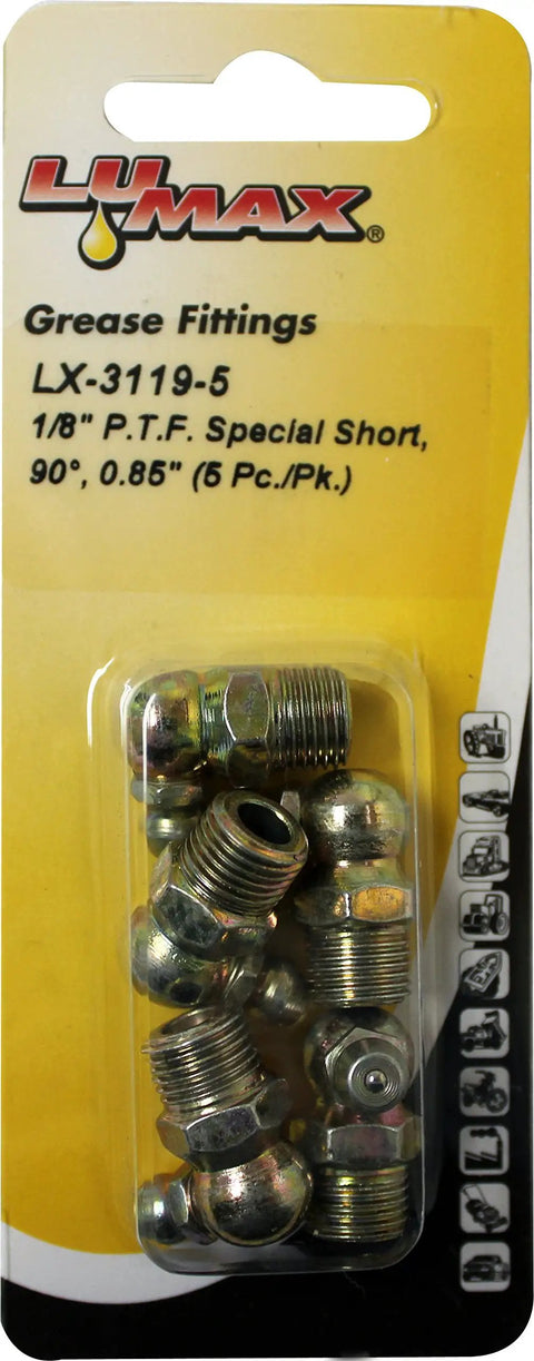 Gold And Silver 1/8 Inch PTFE Special Short 90 Degree 0.85 Inch Long Grease Fittings Pack Of 5 in packaging