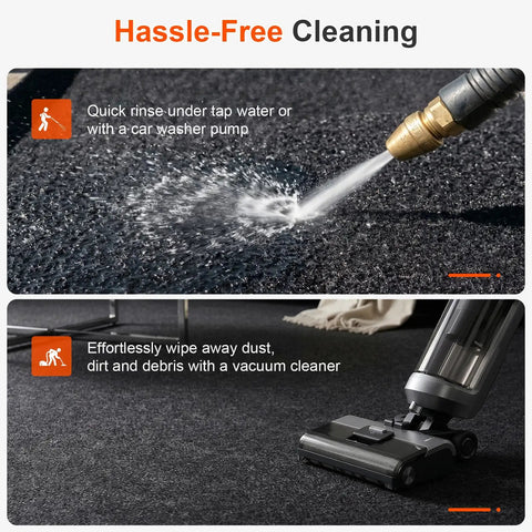 Image shows a Heavy Duty Oil Spill Mat For Garage Floor 3x5 Ft Extra Thick Absorbent With Anti Slip Rubber Backing being cleaned with water and vacuum.