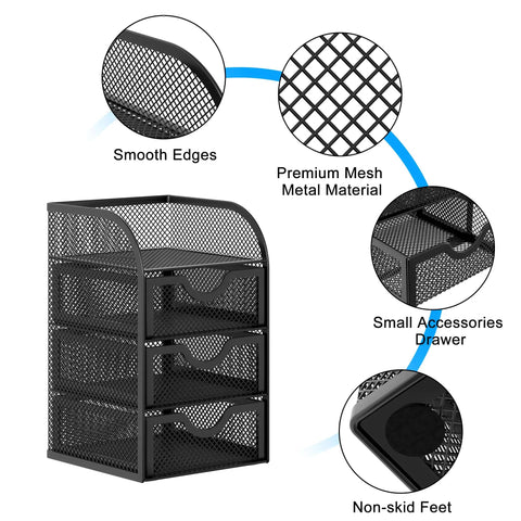 Mesh Desk Organizer With Three Drawers For Office And Home A Must Have Stationery Caddy showing details of design and material