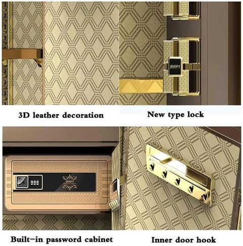 Interior close-up of Tough As Nails Heavy Duty Wall Safe Box With Fingerprint And Password Access featuring 3D leather decoration, new type lock, built-in password cabinet, and inner door hook.