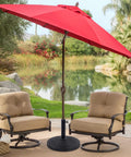 Beefy Heavy Duty 22 Lb Resin Patio Market Umbrella Base Stand with red umbrella on patio with chairs by pond