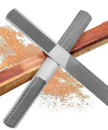 Two Pack 4 Way Wood Rasp File Set With Premium High Carbon Steel showing round and flat files with wood shavings