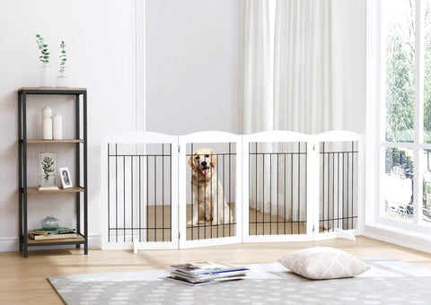 Free Standing Foldable Wire Dog Gate With Four Panels Extra Wide 80 Inch Span And 30 Inch Tall Safety Fence for room
