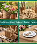 Natural Burlap Garden Fabric 40 Inch By 15 Foot Workhorse Jute Burlap for Weed Barrier Frost Protection Sun Shield and DIY Home Decor Crafts in garden, tablescape, and wrapping scenarios.