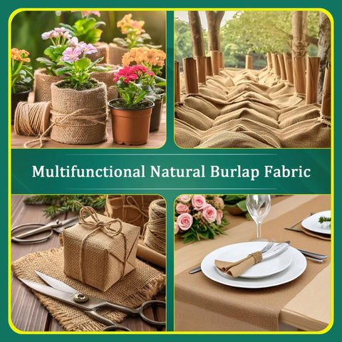 Natural Burlap Garden Fabric 40 Inch By 15 Foot Workhorse Jute Burlap for Weed Barrier Frost Protection Sun Shield and DIY Home Decor Crafts in garden, tablescape, and wrapping scenarios.