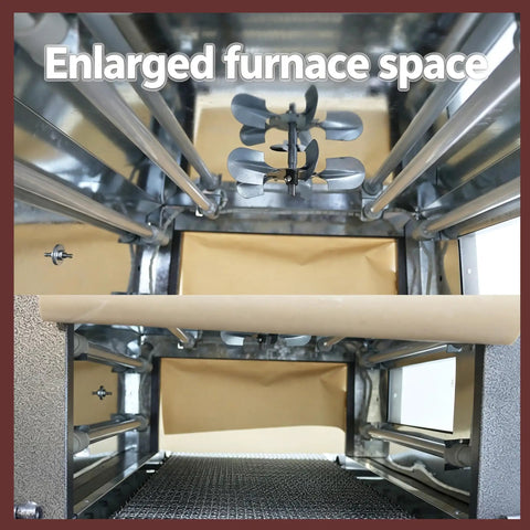 Inside view of Heavy Duty 220V Heat Shrink Tunnel Machine showing enlarged furnace space and quartz heating features.