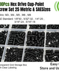 500 Pcs Hex Socket Set Screws Kit Metric And SAE Alloy Steel Cup Point 12.9 Grade Black Zinc Plated Heavy Duty Rust Resistant Anti Strip Hardware For Automotive Machinery And DIY Projects, organized in labeled storage box