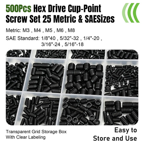 500 Pcs Hex Socket Set Screws Kit Metric And SAE Alloy Steel Cup Point 12.9 Grade Black Zinc Plated Heavy Duty Rust Resistant Anti Strip Hardware For Automotive Machinery And DIY Projects, organized in labeled storage box