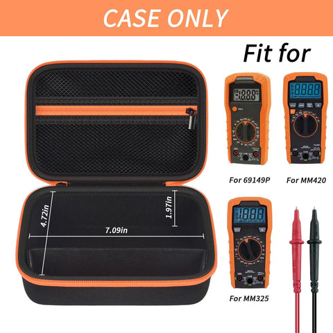 Built Tough Waterproof Multimeter Storage Case For MM325 MM420 MM69149P And More with orange zipper, dimensions shown