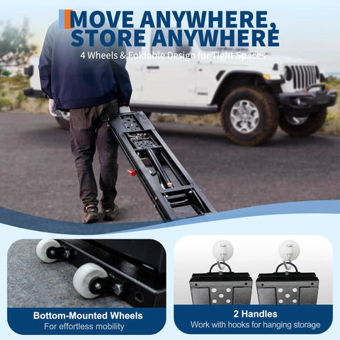 Beefy 7000 Lbs Portable Car Lift for Trucks, SUVs, and Sedans with foldable design and four wheels for easy storage and mobility.