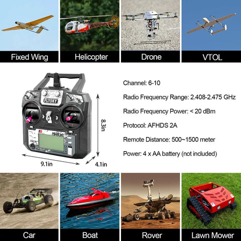 10 Channel 2.4GHz RC Transmitter With FS-iA6B Receiver displayed with various compatible vehicles including drones and cars.