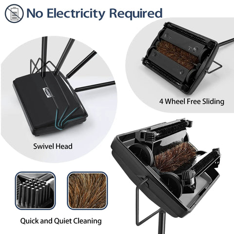 Manual Carpet Floor Sweeper With Dual Horsehair Brush Roll Quiet Non Electric Push Broom For Snagging Pet Hair And Lint No Sweat Home Cleaning Gear Black with swivel head and dual rollers.