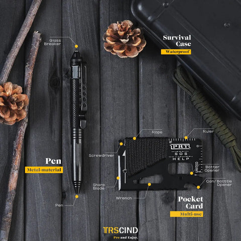 Must Have Survival Kit 14 In 1 For Camping Fishing And Hunting Adventures with pen, multi-use pocket card, survival case.