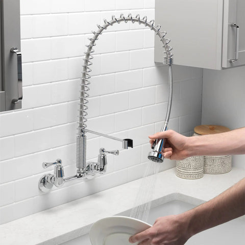 Dual Handle Commercial Style Wall Mount Kitchen Faucet With Pull Down Nozzle Chrome High Arc Spout 1.8 GPM Flow Spray And Stream