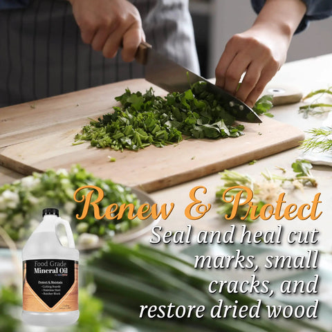 Person chopping greens on wood board with Top Notch Ultrapure Mineral Oil For Cutting Boards And All Wood Care 1 Gallon bottle visible.