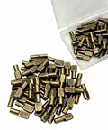Solid Bronze Shelf Pins 100 Pack Cabinet Pegs For Straight Up Diy Fixes Smooth Zinc Alloy spoon shapes in storage case.