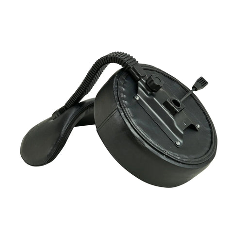 Underside view of Swivel Rolling Stool With Thick Cushioned Pad, showing adjustment mechanism, black material, 360 swivel