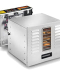 Huge Commercial Food Dehydrator Built Solid With Stainless Steel Trays And Advanced Digital Controls For Drool Worthy Homemade Jerky And Fresh Fruit Snacks You Will Absolutely Devour, showing stainless steel exterior and digital controls.