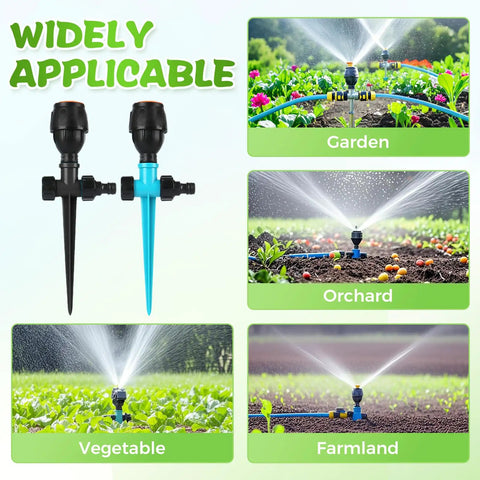 Product images showing 360 Degree Rotating Lawn Sprinkler in garden, orchard, vegetable, and farmland settings