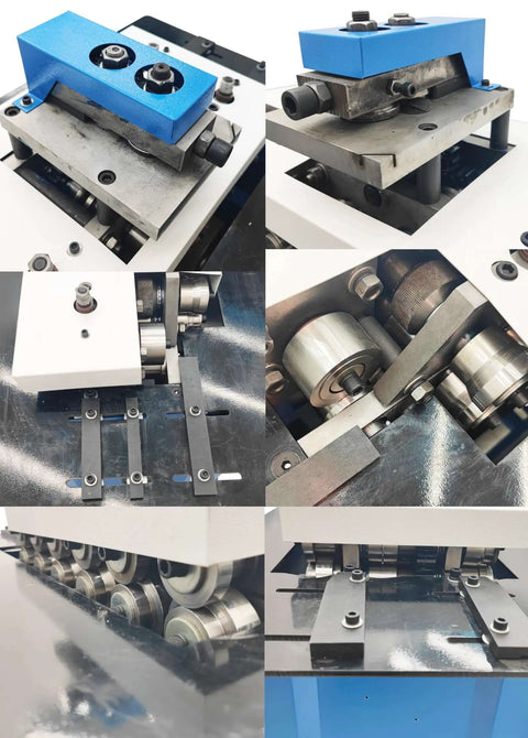 Electric Sheet Metal Seamer and Seam Rolling Forming Machine, details of alloy rollers and 220V motor mechanism, for metal sheets 0.02 to 0.05 inch thick.