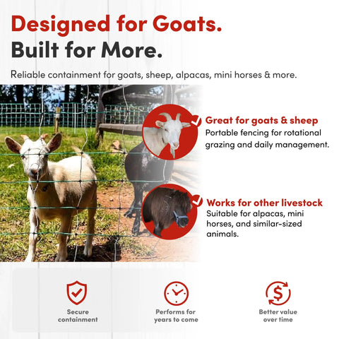 Portable Electric Goat Fence Netting 42 Inch High 168 Feet Long For Goats Sheep And Livestock Anti Predator Fence Roll displayed with goats behind it