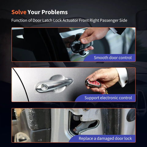 Images illustrating Front Right Passenger Side Door Lock Actuator Direct Fit Replacement For Honda CR V 2007 2008 2009 2010 2011 2 4L SUV OE Style Built To Last Easy Install Durable Performance showcasing smooth door control, electronic support, and replacing a damaged lock.