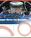 Twenty Piece Copper M14 X 18mm Flat Sealing Washers For Cars And Trucks Hella Secure Fit Rock Solid Copper Metal Keeps Engines Running Like New visible with engine components in background.
