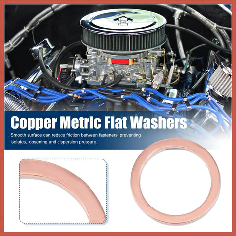 Twenty Piece Copper M14 X 18mm Flat Sealing Washers For Cars And Trucks Hella Secure Fit Rock Solid Copper Metal Keeps Engines Running Like New visible with engine components in background.