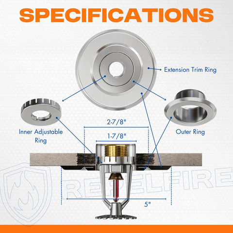 Chrome Extension Trim Ring For Recessed Fire Sprinkler Escutcheons with size specifications and adjustable inner ring.