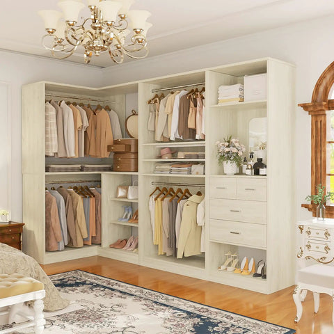Hella Durable 97 Inch Modular Closet System With Four Hang Rods And Storage Bench 2500 Pound Heavy Duty White Oak wardrobe with clothing