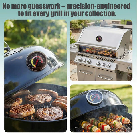 Two Pack 1000F Grill Thermometers With Large Dial Easy Read Temperature Gauges on BBQ with meats cooking