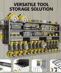 49 Inch Wide Heavy Duty Power Tool Organizer Wall Mount, 4 Tier Drill And Tool Rack With 12 Drill Holders in use in garage