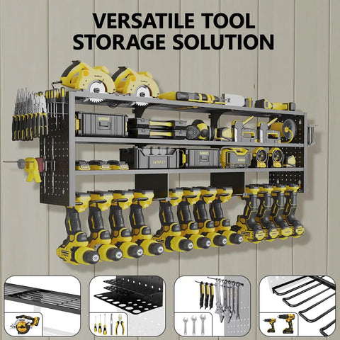 49 Inch Wide Heavy Duty Power Tool Organizer Wall Mount, 4 Tier Drill And Tool Rack With 12 Drill Holders in use in garage