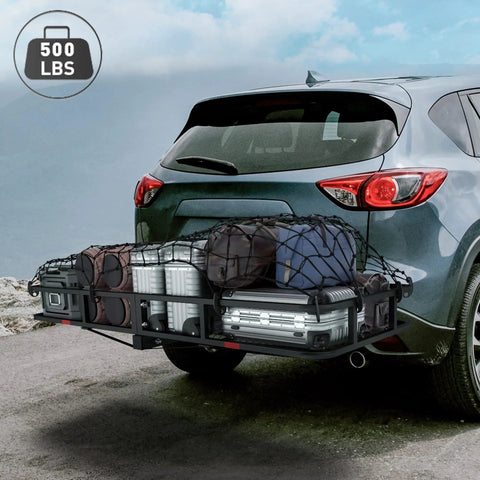Foldable 60x24x6 Inch Hitch Carrier Basket For 2 Inch Receiver With 500 Lb Capacity 18.2 Cu Ft Waterproof Cargo Bag on SUV