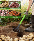 Heavy Duty Garden Fork 45 Inch Pitch Fork With Steel Tines And Comfortable Y Grip digging potatoes in garden soil