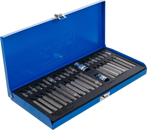 Solid 40 Piece Combo Screwdriver Bit Set With Beefy Hex Socket And T Profile Torx Bits in blue case with organized bits.