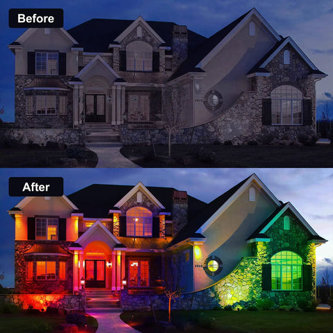 Outdoor Solar RGB Spotlight 4 Pack Color Changing LED Landscape Lights IP65 Waterproof with Auto on Off 10 LEDs Each 120 Degree Beam for Garden Pathway Yard Holiday Decor and Nighttime Ambience illuminating a house facade in vivid colors, before and after comparison.
