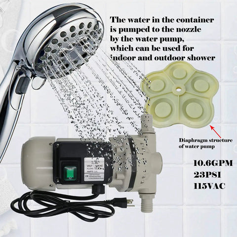 High Flow Diaphragm Irrigation Water Pump With Self Priming 10.6 GPM At 115V 23 PSI 350W Lift 11 Meters White Electric Pump with showerhead