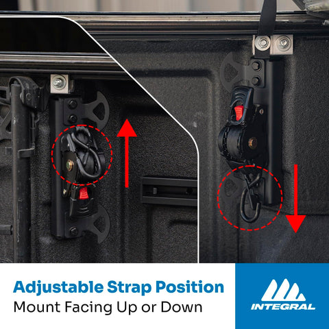 Installation of bed mounted retractable tie down straps for Chevy Silverado and GMC Sierra, shown in adjustable position.