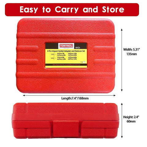 Pro Grade Eight Piece Impact Socket Adapter And Reducer Set With Heavy Duty Steel Build, red storage case, dimensions shown.