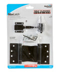 Packaging of All In One Self Closing Gate Kit With Black Steel Hinges And Latch For Wood Vinyl And Steel Gates 50 Lb Capacity WeatherGuard.