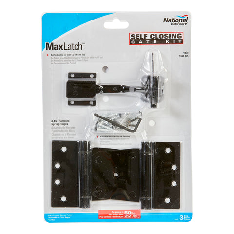 Packaging of All In One Self Closing Gate Kit With Black Steel Hinges And Latch For Wood Vinyl And Steel Gates 50 Lb Capacity WeatherGuard.