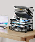 4 Tier Paper Organizer With 3 Pocket File Holder Drawer And Pen Holders Desktop Organizer For Office School And Classroom Black Perfect For Docs Folders Stationery And Office Essentials on desk