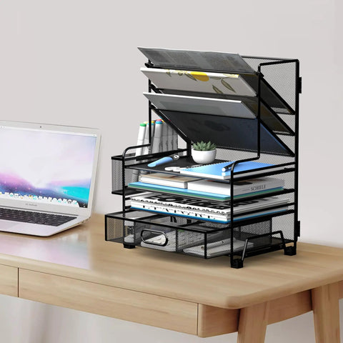 4 Tier Paper Organizer With 3 Pocket File Holder Drawer And Pen Holders Desktop Organizer For Office School And Classroom Black Perfect For Docs Folders Stationery And Office Essentials on desk