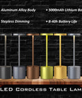 Assorted colors of cordless table lamp with 5000mAh battery rechargeable LED light for home and outdoor use stepless dimming.